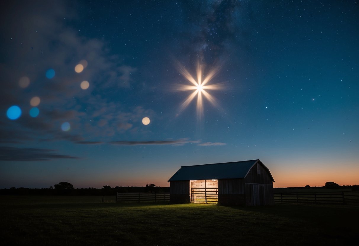 A serene night sky with a bright star shining over a humble stable