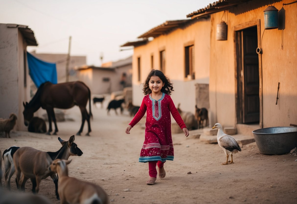 A young girl playing in a humble Middle Eastern village, surrounded by animals and simple dwellings