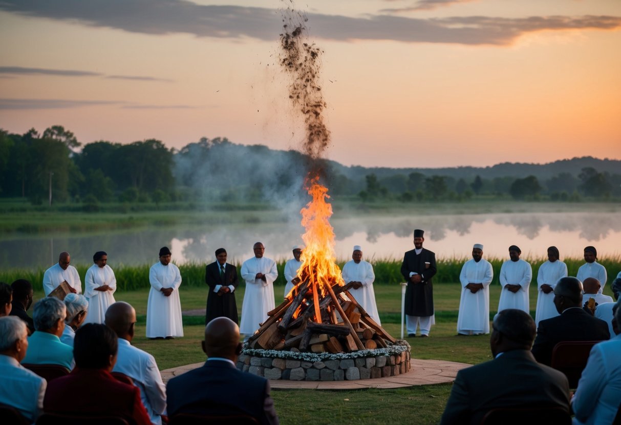 A serene landscape with a funeral pyre surrounded by mourners