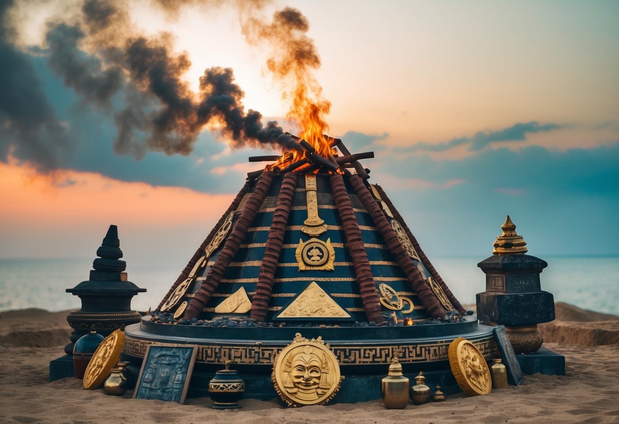 A traditional funeral pyre surrounded by ancient symbols and artifacts, with smoke rising into the sky