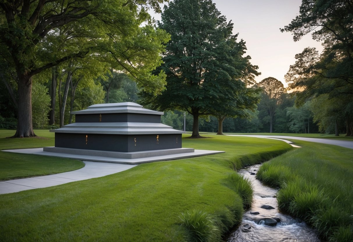 A serene landscape with a peaceful crematorium surrounded by trees, with a gentle stream flowing nearby