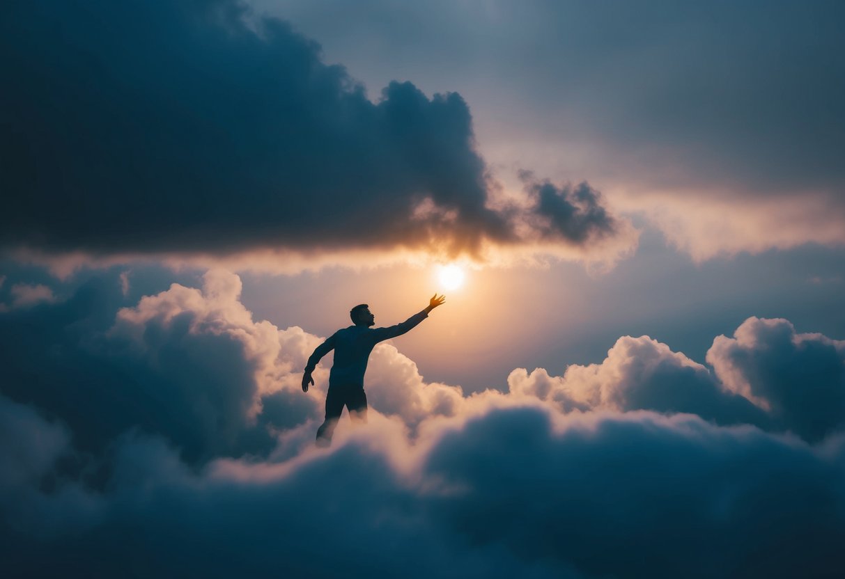 A figure surrounded by dark clouds, reaching towards a glowing light