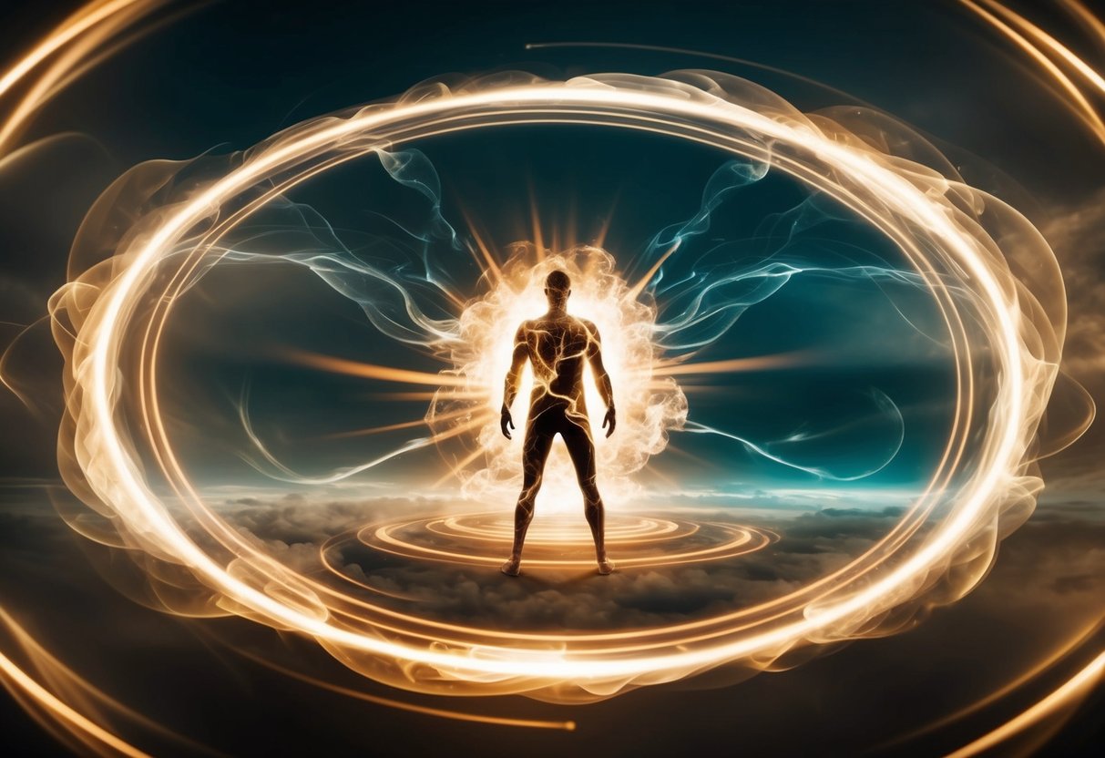 A figure surrounded by swirling energy, radiating light and dark auras, with a sense of inner turmoil and conflict