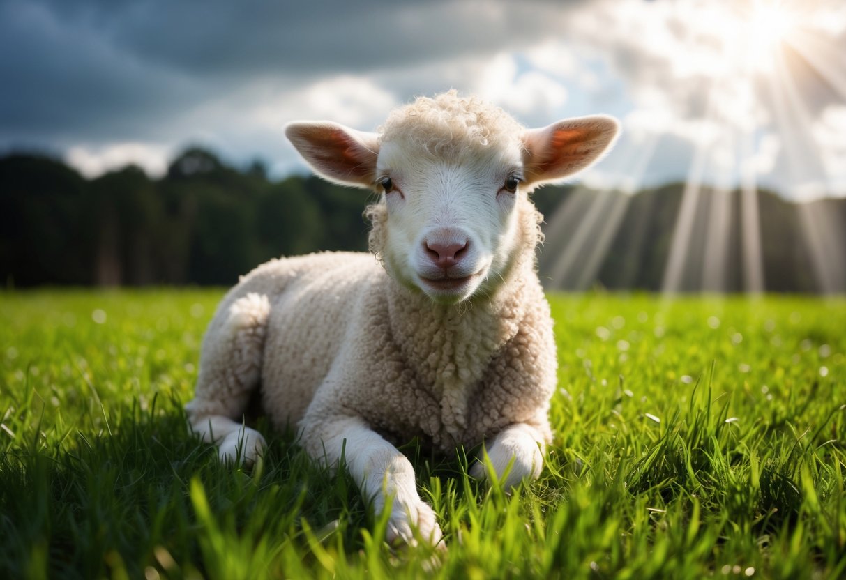 A lamb resting peacefully in a lush, green meadow, with rays of sunlight breaking through the clouds above