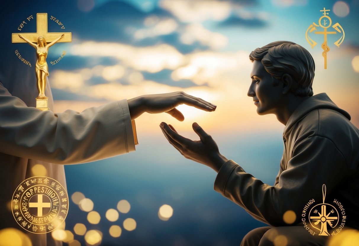 A figure extending a helping hand to a person in need, surrounded by symbols of compassion and forgiveness