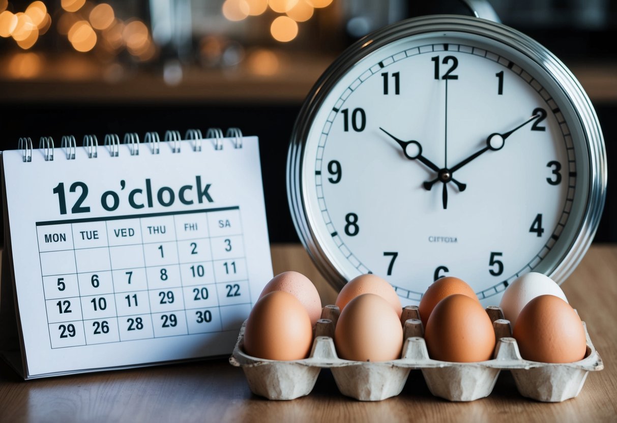 A clock showing the time as 12 o'clock, with a calendar displaying the 12th day of the month, and a dozen eggs arranged neatly in a carton