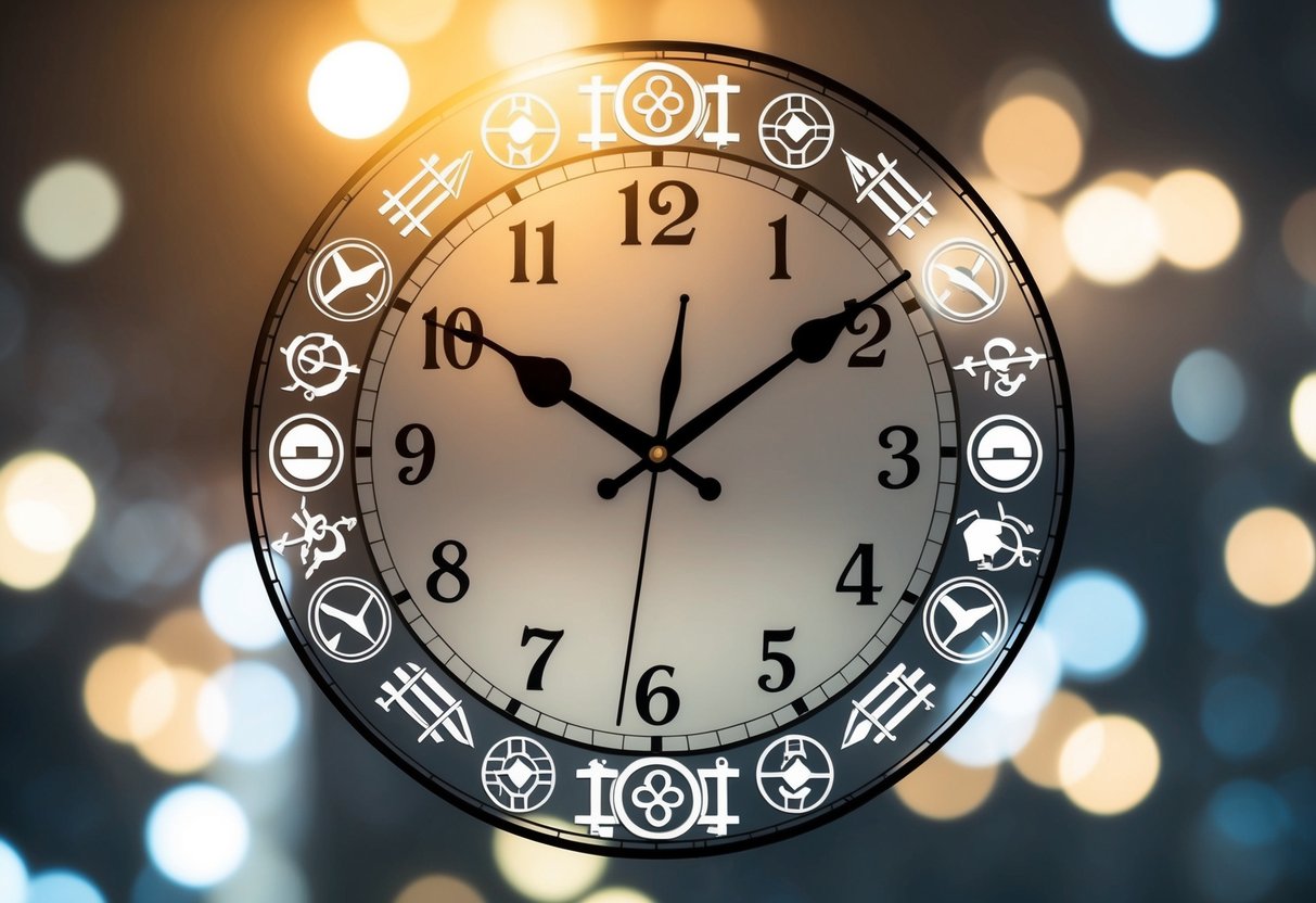 A clock showing the time as 12 o'clock with symbols of harmony and completion surrounding it