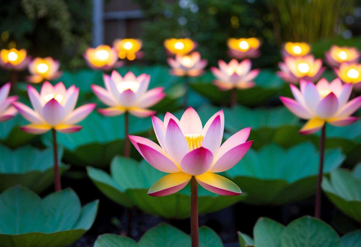 A serene garden with 12 blooming lotus flowers, each surrounded by 12 glowing orbs, symbolizing spirituality and personal growth