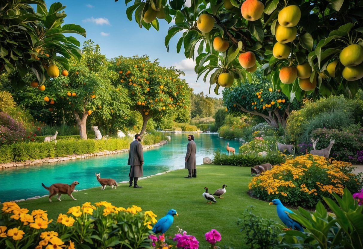 A lush garden with abundant fruit trees, a clear river, and colorful flowers. Two figures stand in awe, surrounded by animals and birds