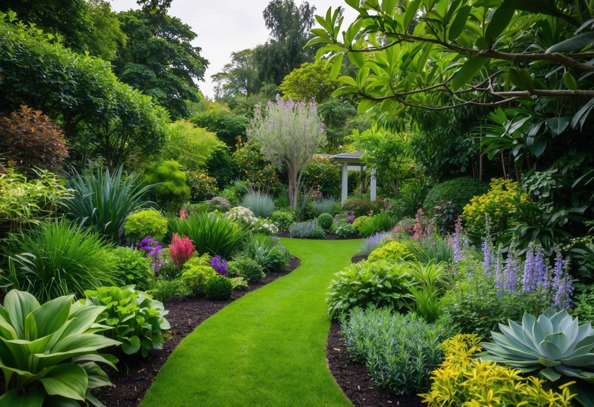 A lush garden with diverse flora and fauna, a serene atmosphere, and a sense of harmony and tranquility