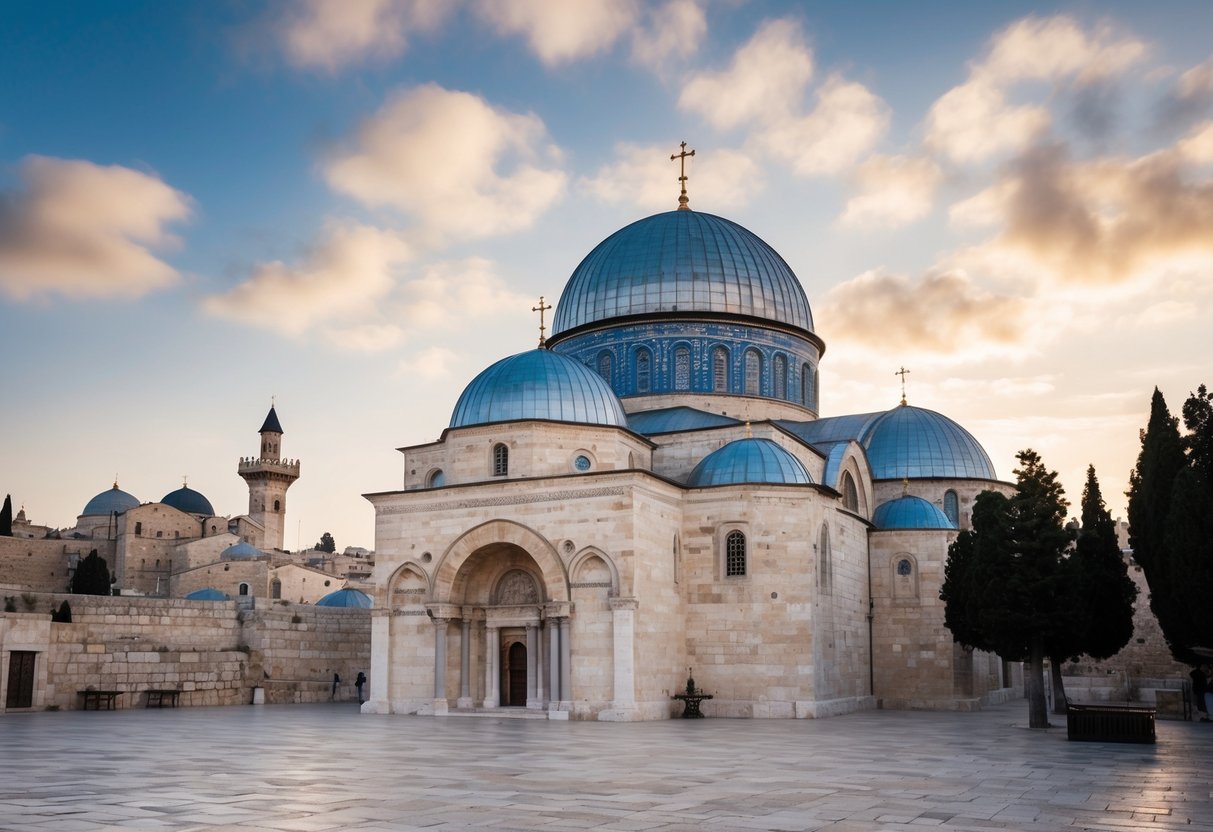 The Church of the Holy Sepulchre, with its ancient stone facade and ornate domes, stands solemnly in the heart of Jerusalem's Old City