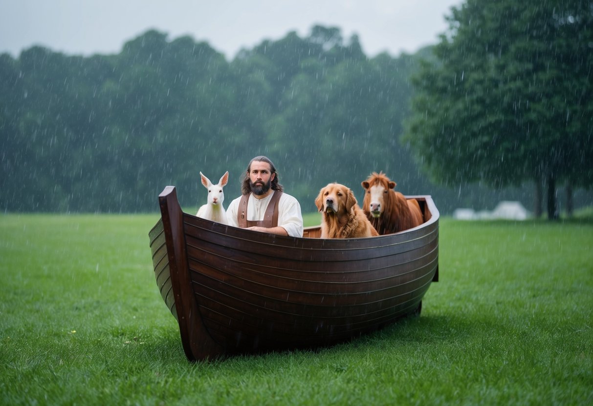 Noah and animals in ark for 40 days, rain outside