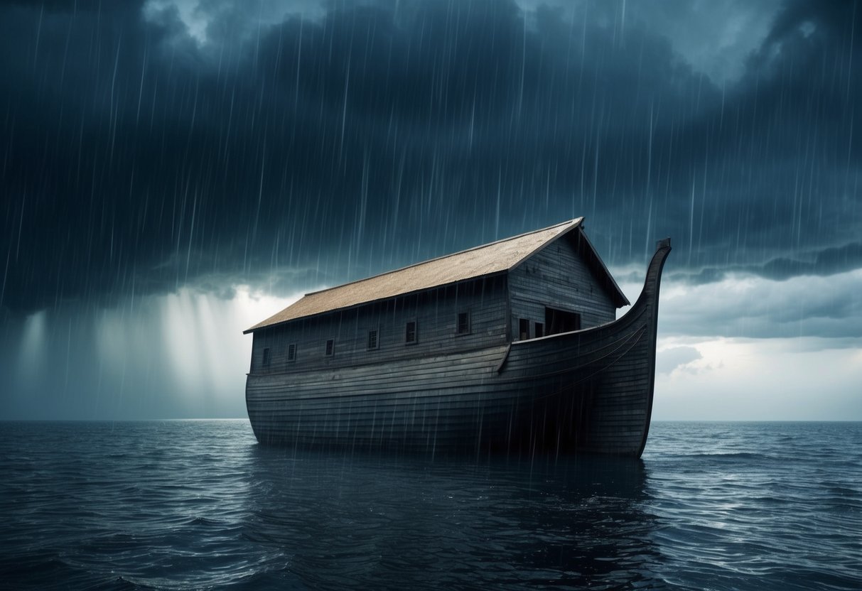 A massive ark floats on a vast expanse of water, surrounded by a deluge of rain pouring from the dark, ominous sky