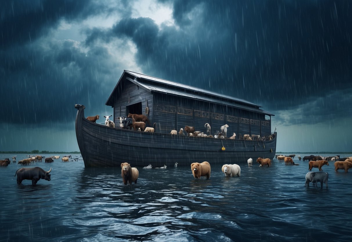 A massive ark floats on the floodwaters, surrounded by animals of all kinds. The sky is dark, and the rain pours down relentlessly