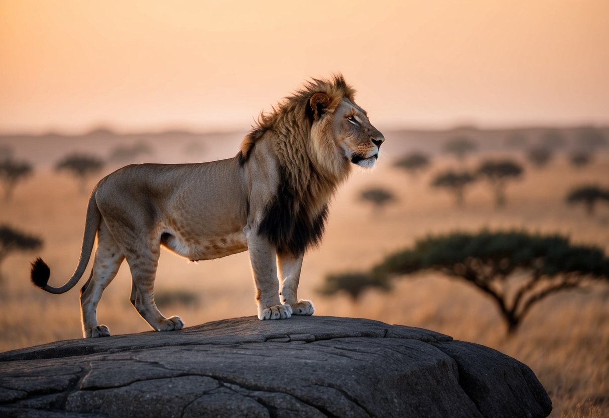 A lone lion standing tall on a rocky outcrop, gazing out over the savannah with a regal and prideful demeanor