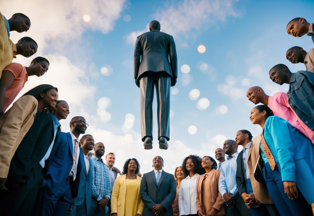 A towering figure looks down on a diverse crowd, each person standing tall with a sense of accomplishment and self-worth