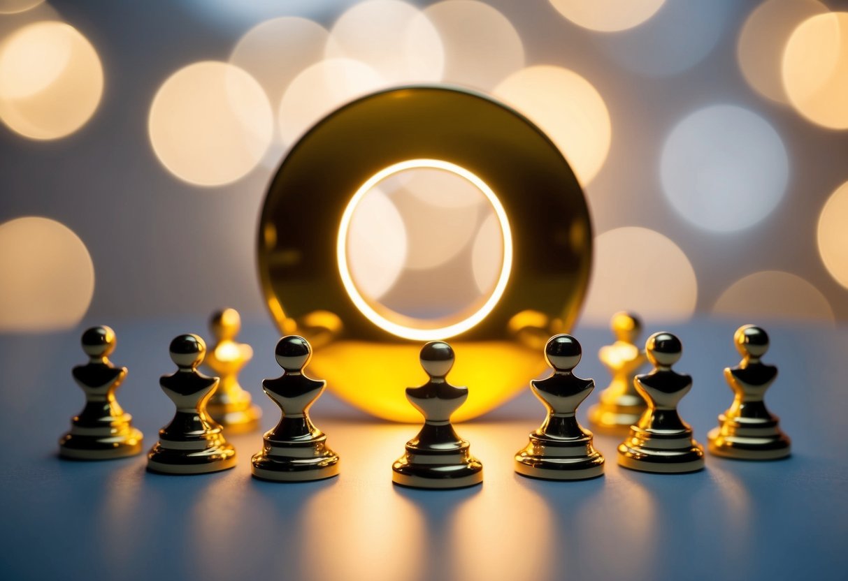 A golden figure 8 glowing with light, surrounded by seven smaller figures symbolizing completion and perfection