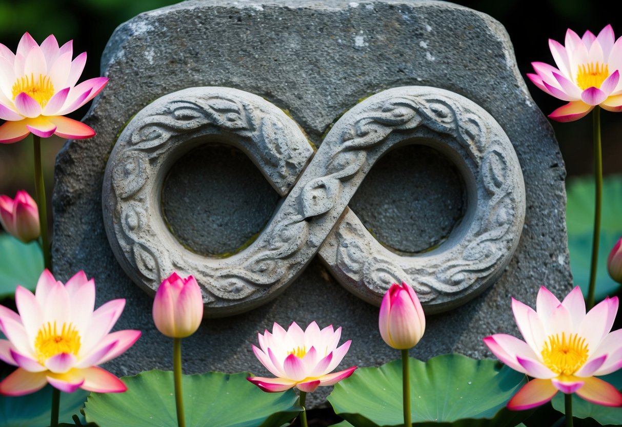 A figure-eight infinity symbol carved into ancient stone, surrounded by eight blooming lotus flowers