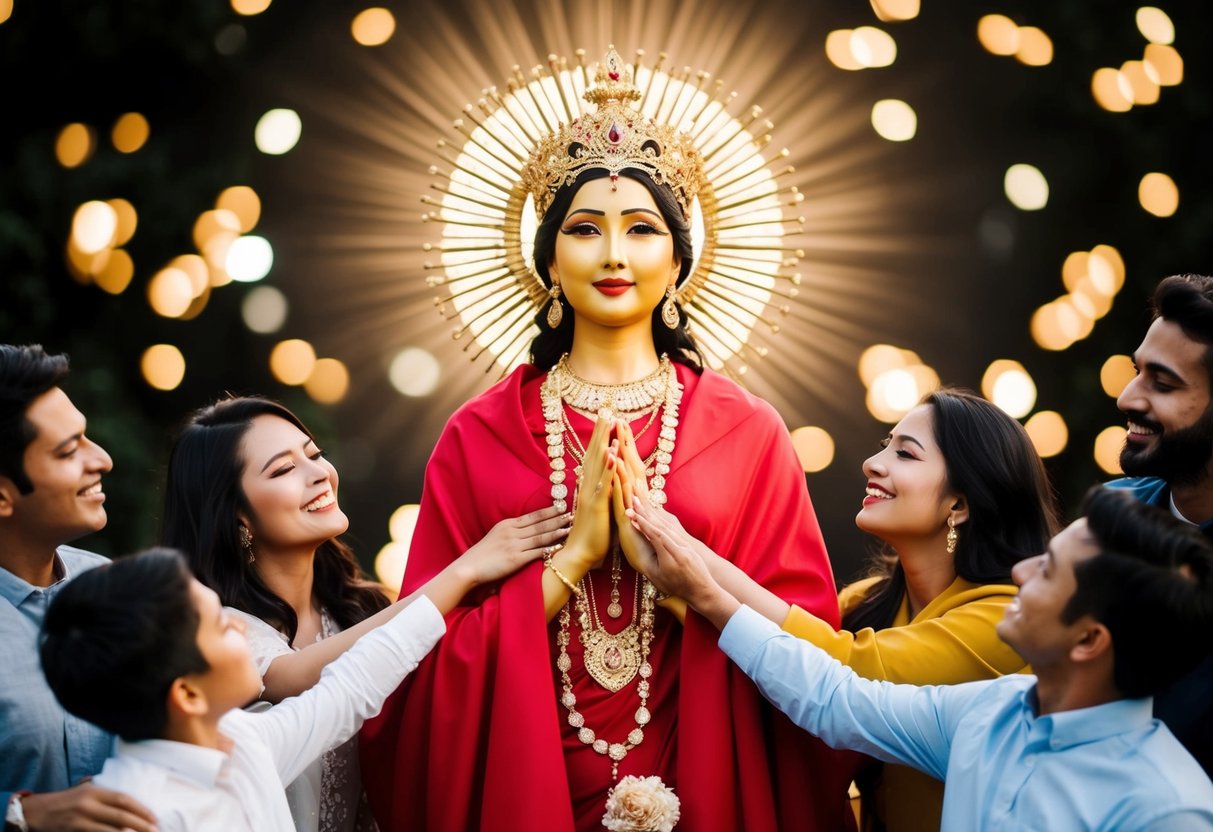 A radiant figure surrounded by a group of adoring individuals