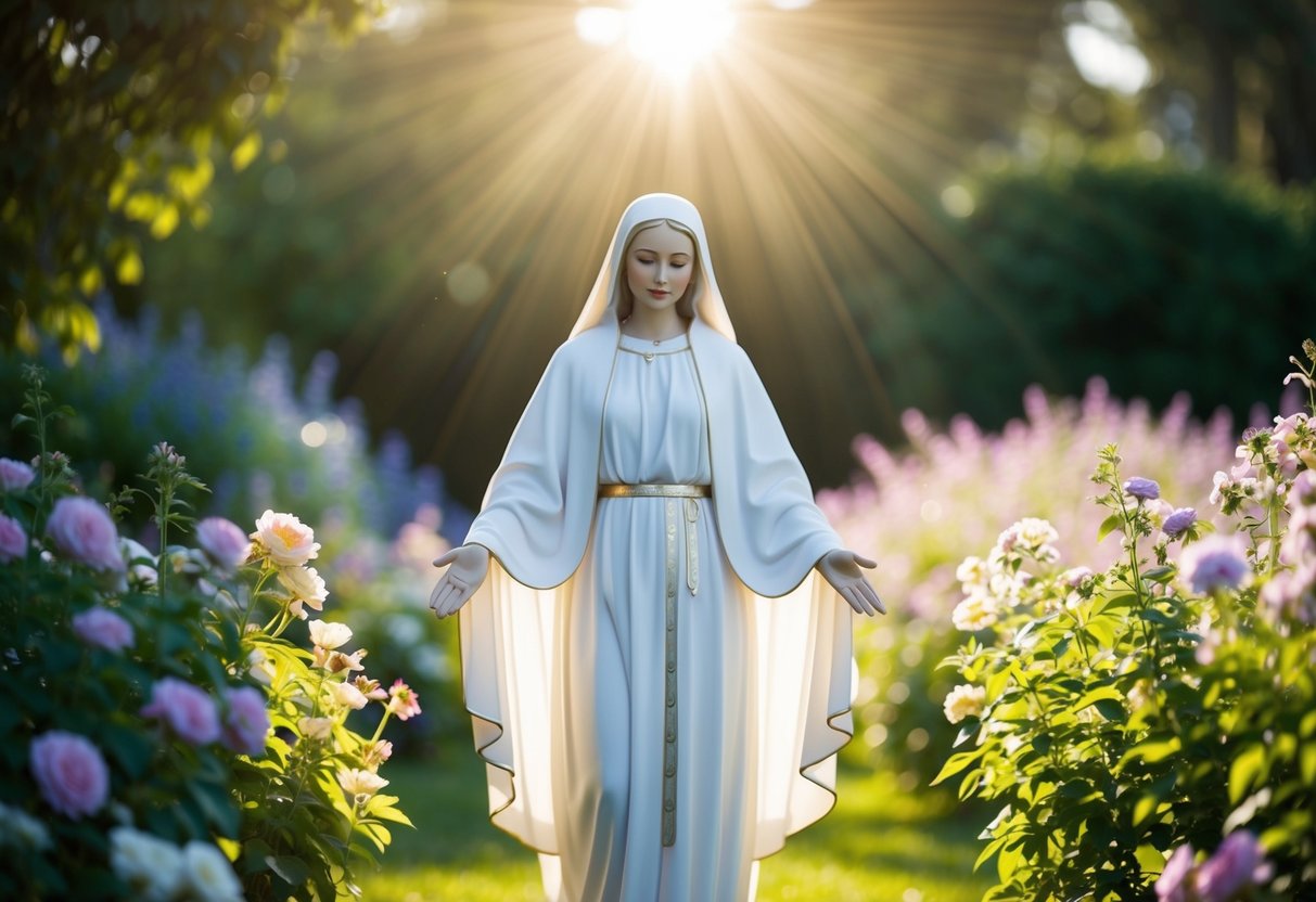 Mary standing in a serene garden, surrounded by blooming flowers and radiant light, with a sense of reverence and peace emanating from her presence