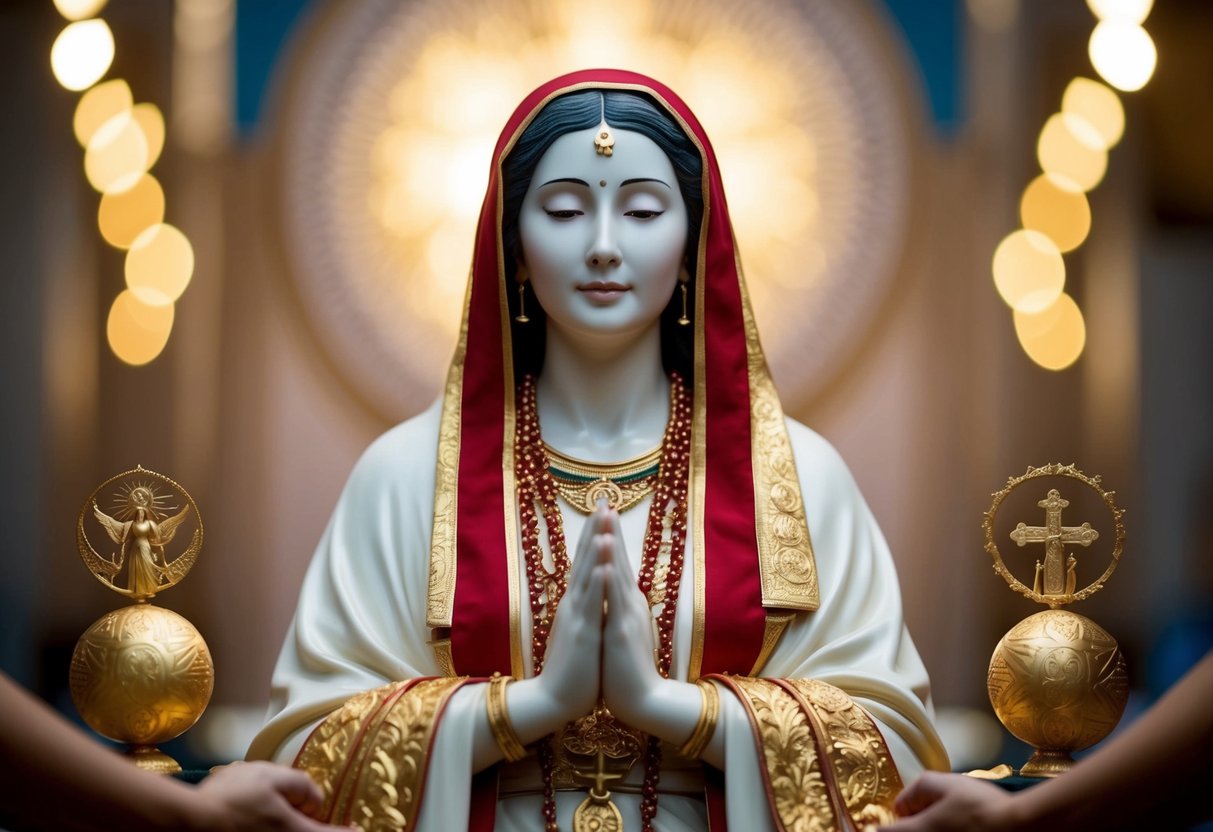 A serene, ancient woman surrounded by symbols of motherhood and religious significance