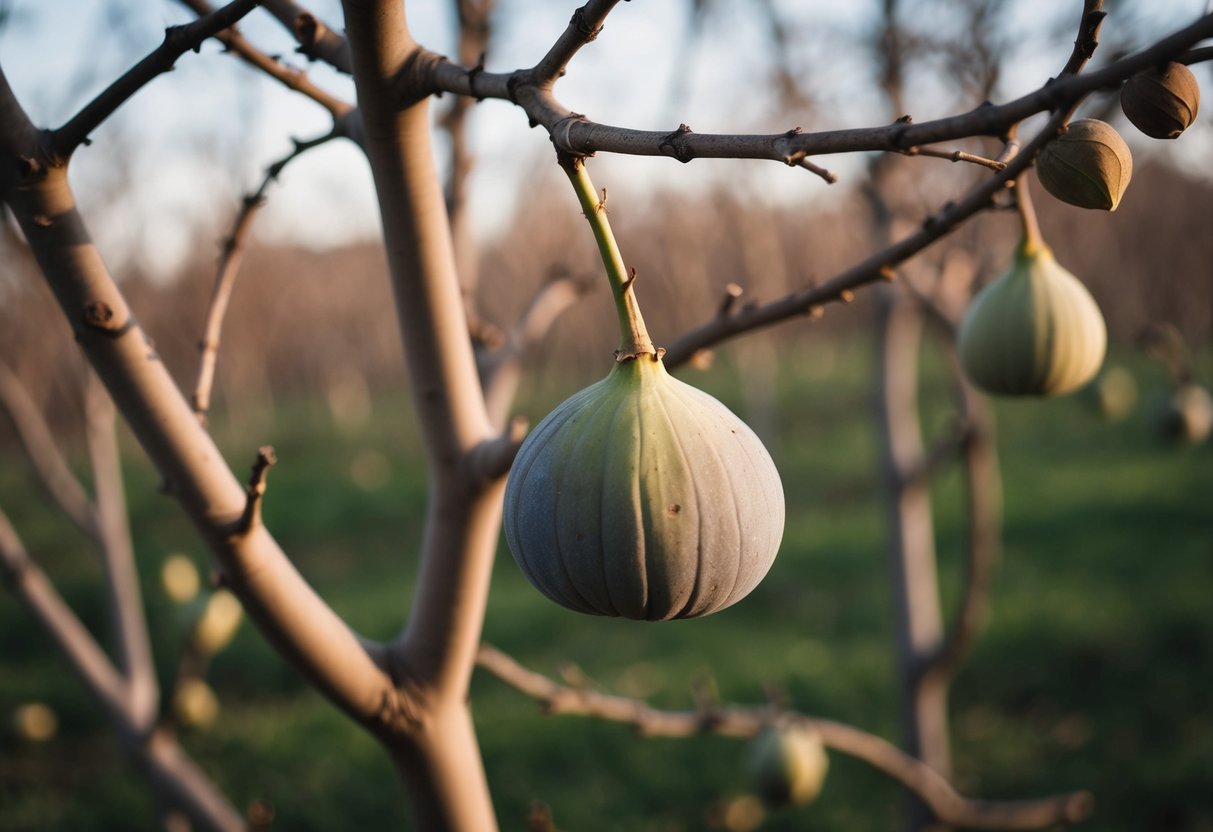 A barren fig tree with withered leaves and no fruit