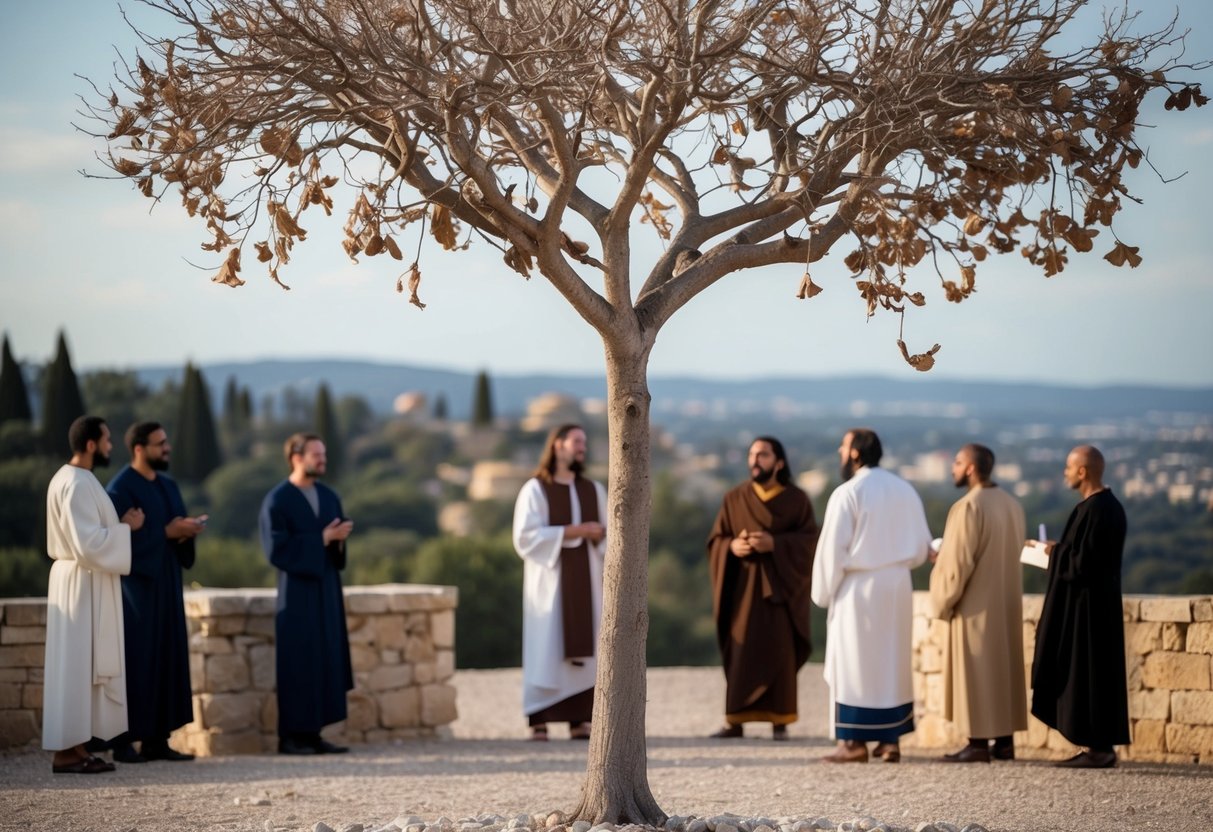 A barren fig tree with withered leaves, surrounded by disciples and Jesus in the distance