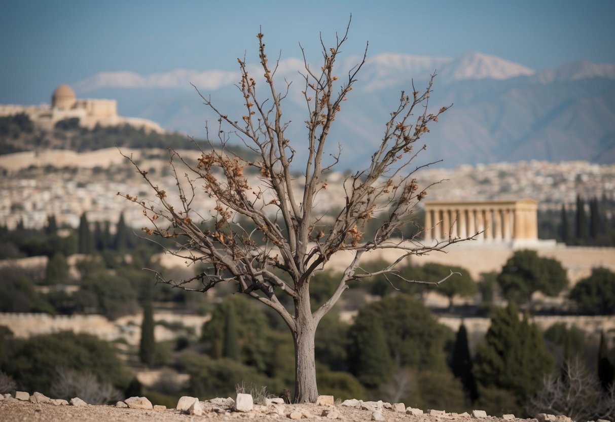 A barren fig tree with withered leaves, surrounded by a landscape of ancient Judean hills and a historical temple in the background