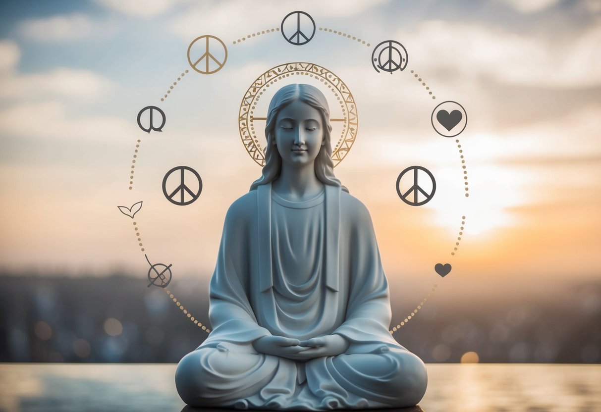 A serene figure with a halo, surrounded by symbols of peace and love