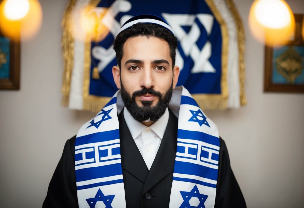 A man in traditional Jewish clothing, surrounded by symbols of the faith, with no tattoos visible