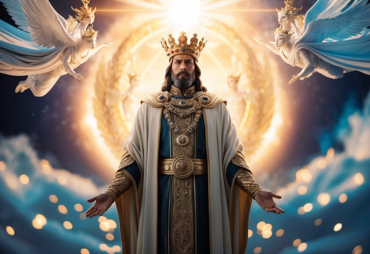 A majestic figure with a crown and robe, surrounded by celestial beings and a radiant glow