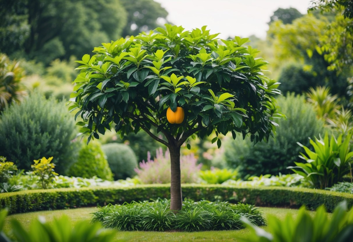 A serene garden with a single tree bearing forbidden fruit, surrounded by lush vegetation and a peaceful atmosphere