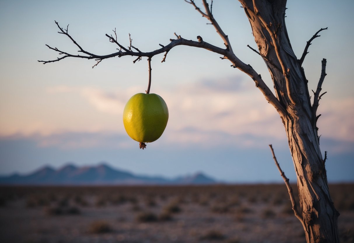 A barren tree with a single piece of forbidden fruit hanging from a branch, surrounded by a desolate landscape