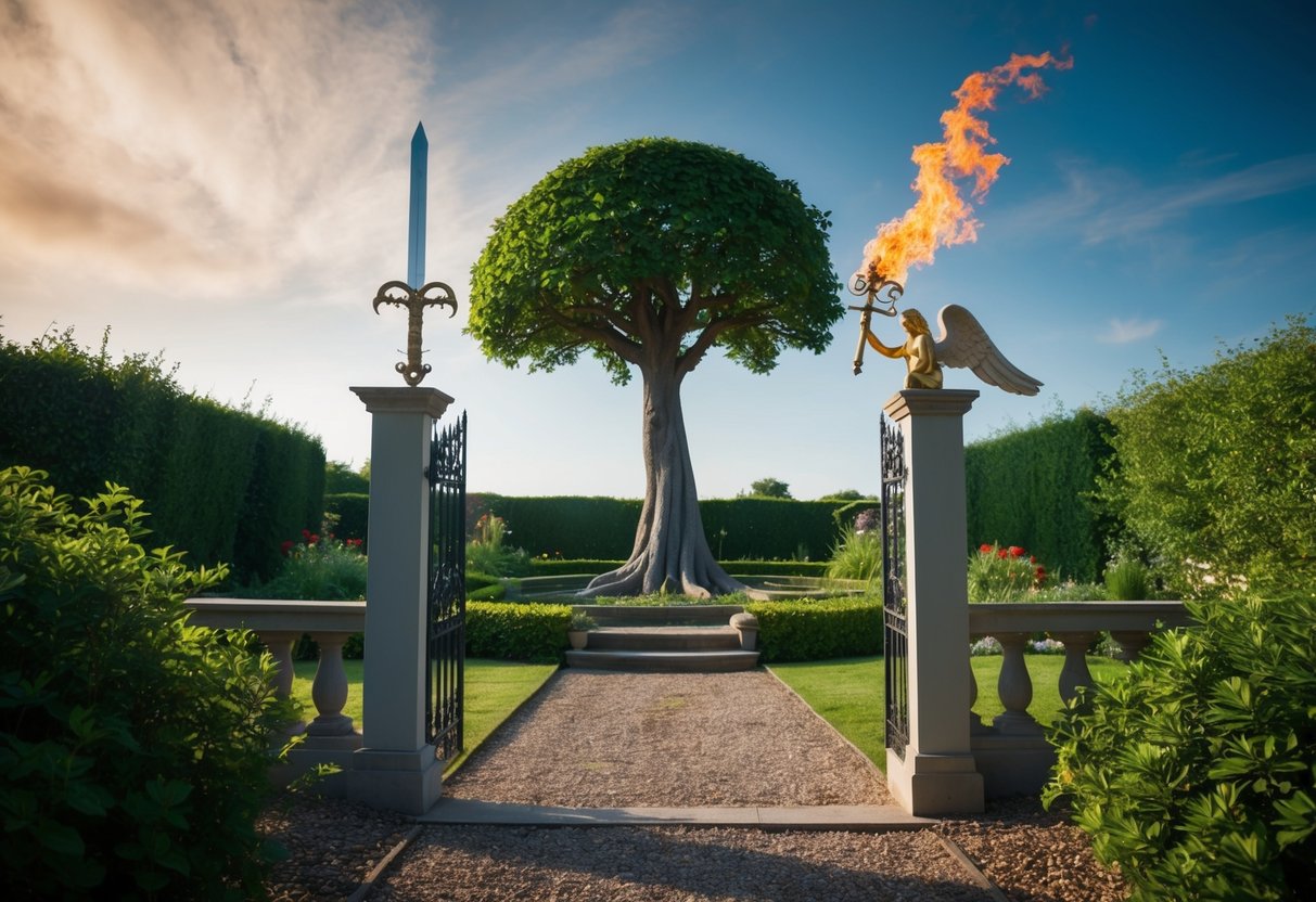 A serene garden with a forbidden tree, a serpent, and an angel with a flaming sword guarding the entrance