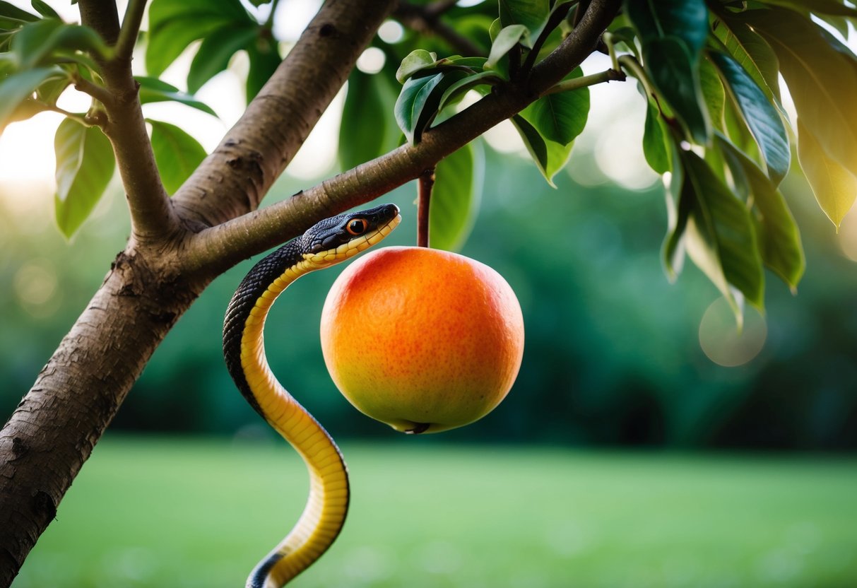 A forbidden fruit hanging from a tree, with a serpent coiled around its trunk, tempting and alluring