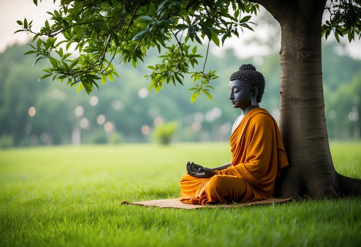 A serene figure sits cross-legged under a Bodhi tree, surrounded by lush greenery and a calm, still atmosphere