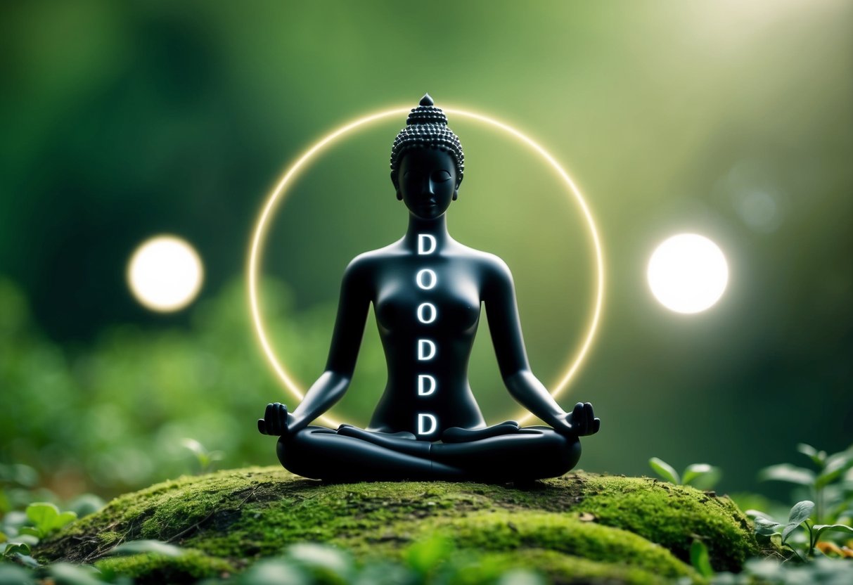 A figure meditates in a serene natural setting, surrounded by conflicting symbols like light and dark, representing the internal struggle over the question of meditation and sin