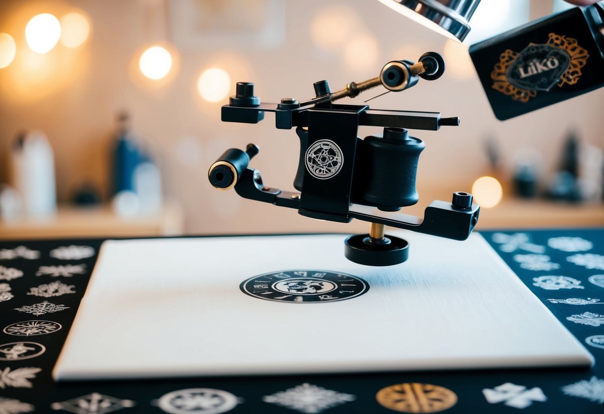 A tattoo machine hovering over a blank canvas, surrounded by various tattoo designs and symbols