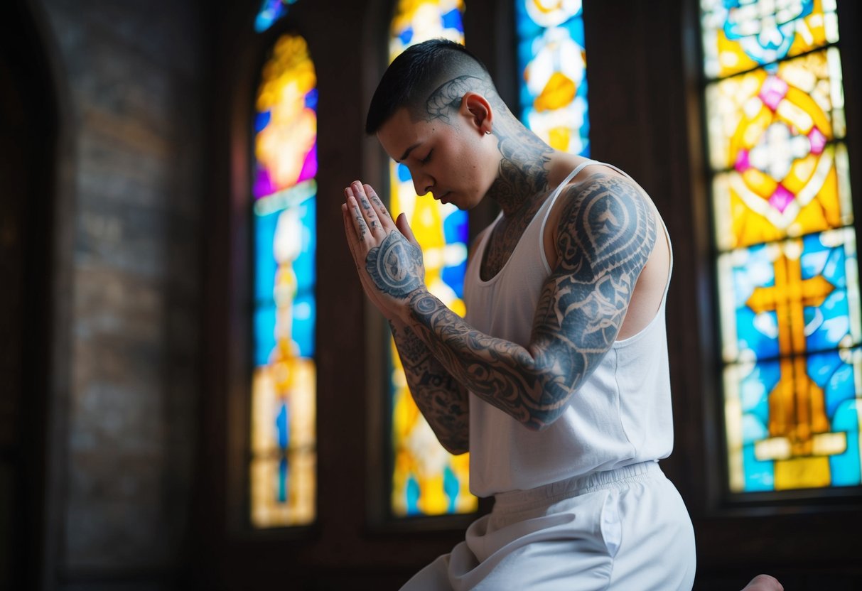 A figure kneels in prayer, marked with intricate tattoos. Light filters through stained glass, casting colorful patterns on the figure's skin