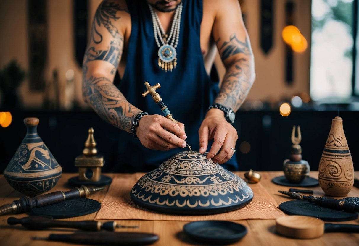 A traditional tattoo artist carefully creates intricate designs on a sacred object, surrounded by symbolic artifacts and ancient tools