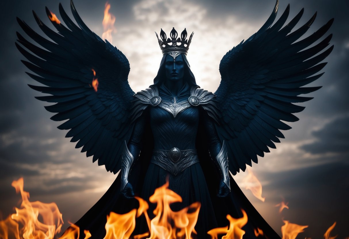 A dark, majestic figure with wings and a crown, surrounded by flames and shadows