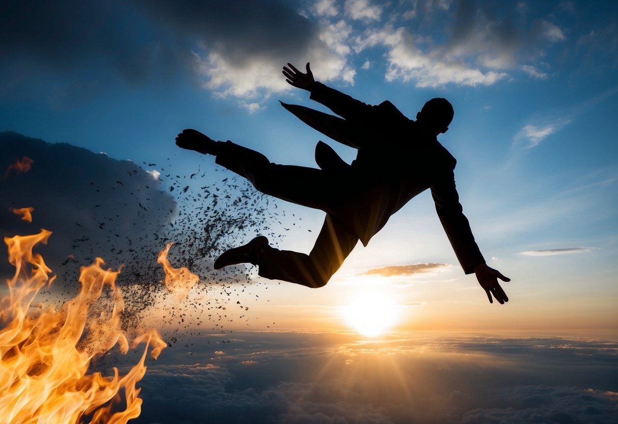 A dark figure falls from heaven, surrounded by flames and shadows, representing the biblical interpretation of Lucifer