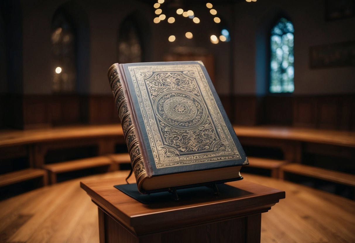 A large, ancient-looking book with intricate designs on the cover, resting on a wooden podium in a dimly lit room