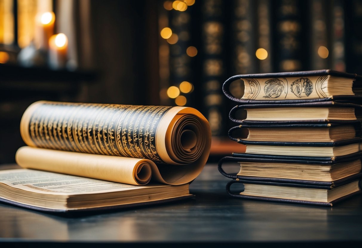 A stack of ancient scrolls, one unrolled to reveal intricate calligraphy and illustrations, representing the longest book in the Bible