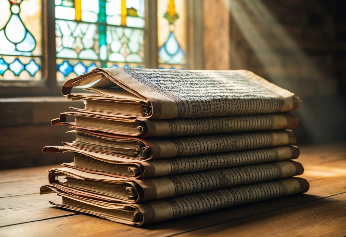 A stack of ancient scrolls lies open, revealing intricate script and ornate illustrations. Rays of light filter through a stained glass window, casting a warm glow on the pages