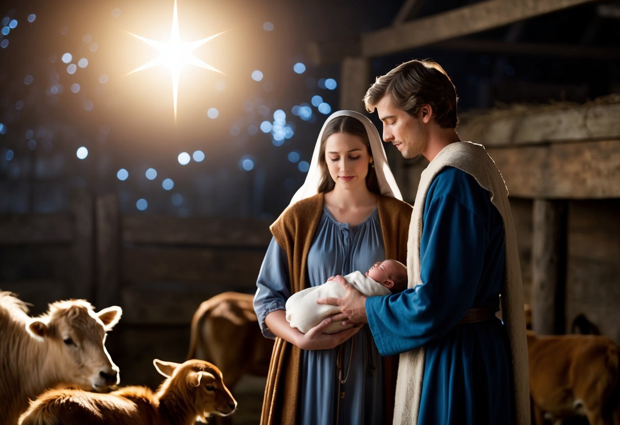 Joseph, a young man, stands beside Mary, who holds a newborn baby. The scene is set in a humble stable with animals nearby. A bright star shines overhead