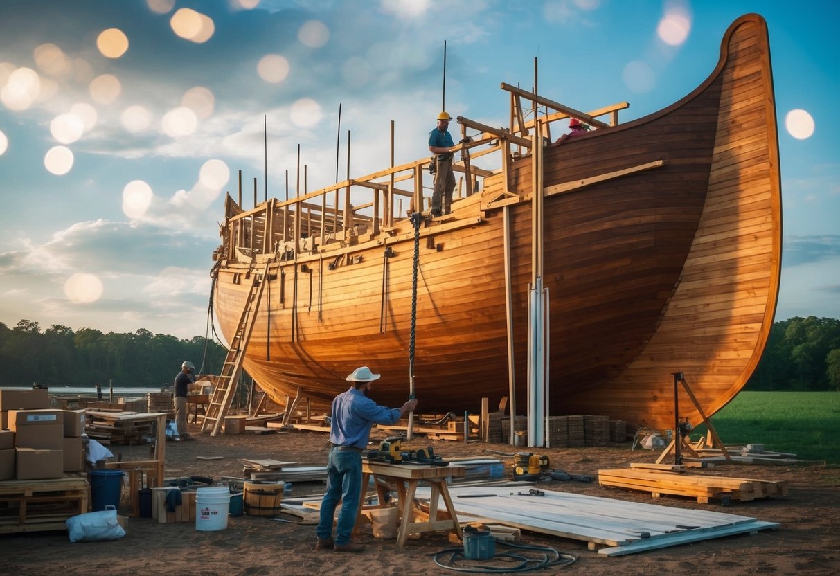 Noah constructs a massive ark, using tools and materials to build a large, sturdy vessel