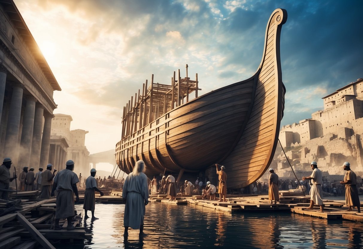 Noah, an elderly man, oversees the construction of a massive ark in a bustling, ancient city. Workers labor under his watchful eye, building the vessel to withstand a great flood