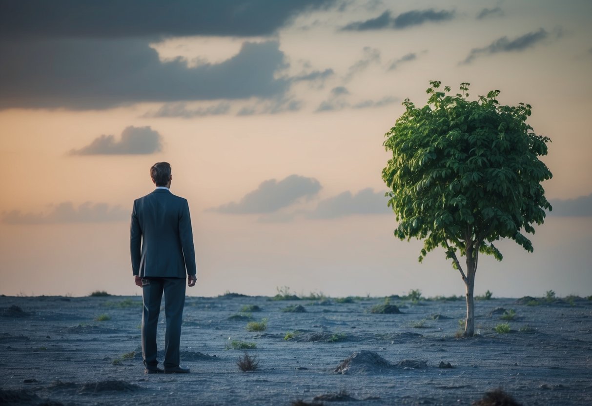 A lone figure standing in a barren landscape, watching as a lush garden thrives just out of reach. The figure's expression is filled with longing and resentment