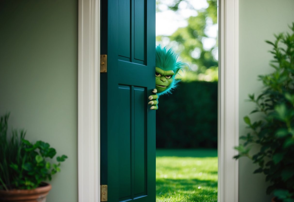 A green-eyed monster lurks behind a closed door, casting a shadow over a peaceful garden